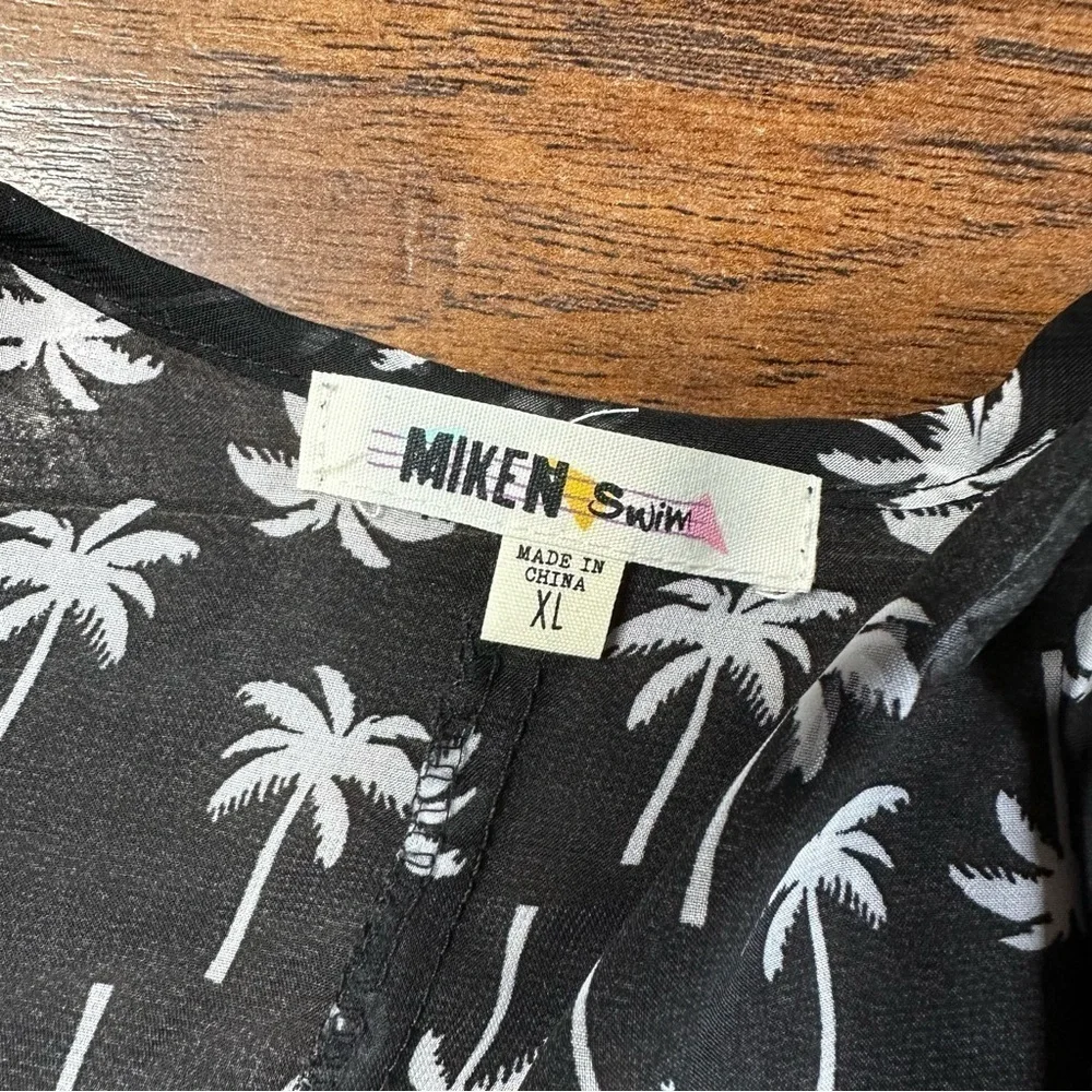 Miken Swim Black Palm Print Cinched Tie Ruffle Surplice Swim Cover Up Dress